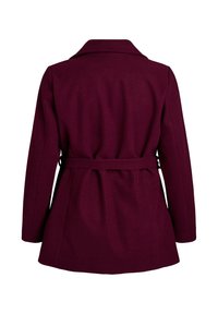 Burgundy coat with a structured design, collar, and tie belt at the waist. Smooth texture and plain fabric. Rear view features a tailored fit.