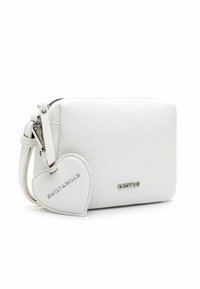Small white textured wristlet bag with zipper, heart-shaped tag, and silver "EMILY & NOAH" branding.