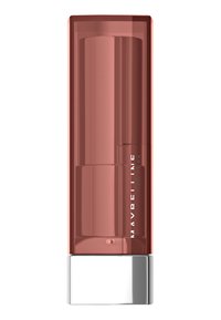 Rouge à lèvres Maybelline dans un tube rectangulaire, translucide rose avec une base argentée, doté d'un mécanisme à vis pour l'application.