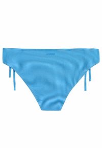 Slip di bikini a righe blu con regolazioni laterali a cordoncino. Presenta un motivo a righe orizzontali e una texture di tessuto liscia e elastica.