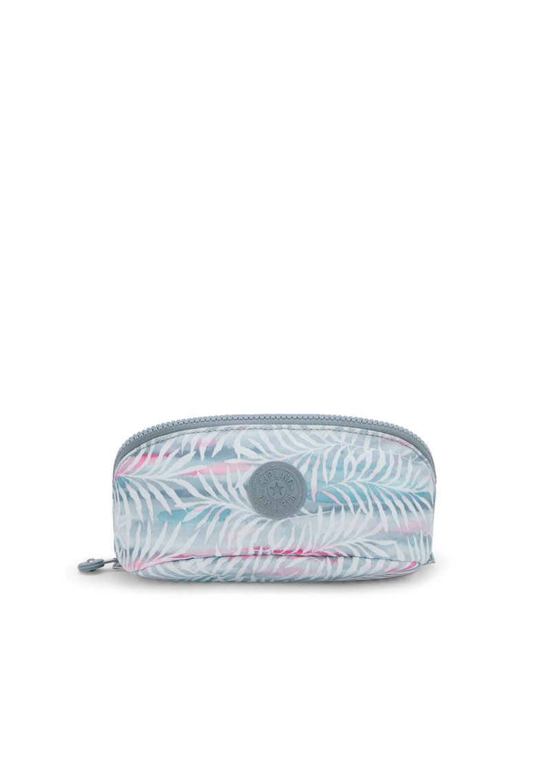 Astuccio con cerniera realizzato in tessuto blu chiaro con motivo di foglie di palma bianche e dettagli rosa. Presenta un logo circolare del marchio sul davanti.