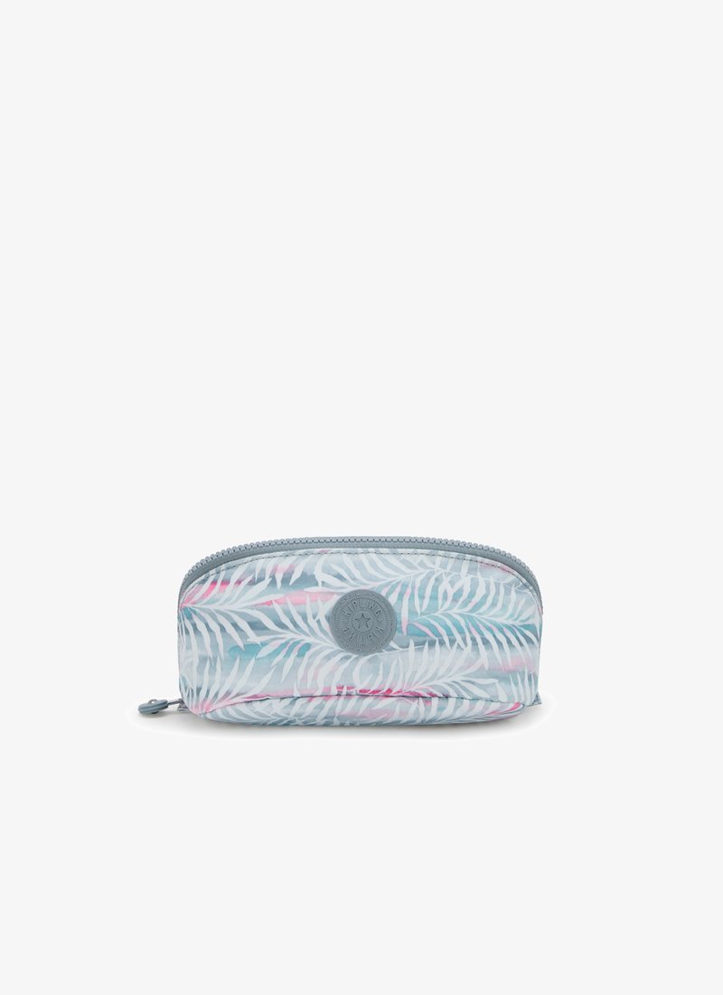 Astuccio con cerniera realizzato in tessuto blu chiaro con motivo di foglie di palma bianche e dettagli rosa. Presenta un logo circolare del marchio sul davanti.