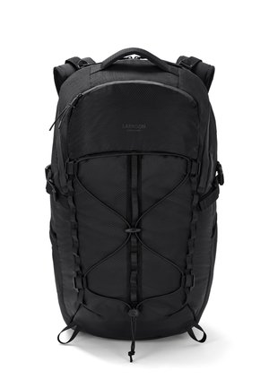 Black backpack made of textured nylon, featuring adjustable straps, front bungee cord, and zippers. Minimalist design with "LARKSON" logo.