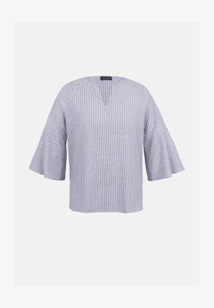 Prugasta majica s V-izrezom, zvonastim rukavima i ležernim krojem. Izrađena od lagane tkanine u nijansama plave i bijele.