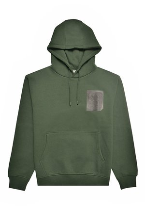 Grøn hætte sweatshirt lavet af bomuldsblanding, med en front kangaroo lomme og en tekstureret patch på brystet. Snore i hætten.