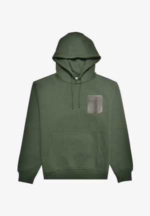 Vihreä huppari, joka on valmistettu puuvillasekoitteesta, ja jossa on etupuolella kengurupussi sekä teksturoitu paikka rinnassa. Hupussa narut.