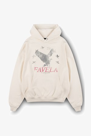 Kreemjas kapuutsiga dressipluus kengurutaskuga, millel on hõbedane kotkagraafika tähekujundusega ja roosade tähtedega sõna „FAVELA”.