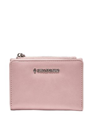 Kompaktowy, jasnoróżowy portfel z zamkiem błyskawicznym i srebrnym logo "Stradivarius" umieszczonym na środku z przodu.