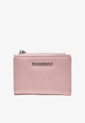 Portefeuille compact rose clair avec fermeture éclair et logo argenté "Stradivarius" centré sur le devant.