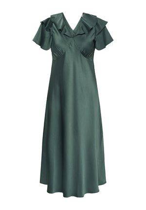 Robe midi en satin vert foncé avec manches volantées, encolure en V à volants et corsage ajusté avec coutures décoratives.