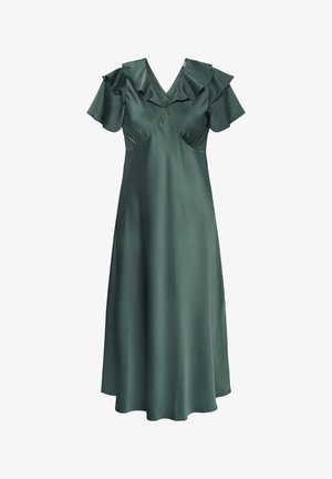 Vestido midi de raso verde oscuro con mangas acampanadas, escote en V con volantes y cuerpo entallado con detalles de costuras.