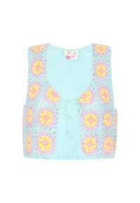 Häkelweste in Hellblau, mit floralem Muster in Rosa und Gelb. V-Ausschnitt-Design mit einer Bindeschleife vorne. Weiche Textur.