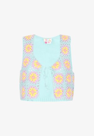 Heled sinise värvi heegeldatud vest, millel on lillemustrid roosa ja kollase värviga. V-kaeluse disain ning ees seotav detail. Pehme tekstuur.