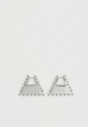 Srebrne trójkątne kolczyki z zaokrąglonymi koralikami na krawędziach. Na powierzchni znajduje się nazwa marki "LIU·JO". Gładkie metaliczne wykończenie.