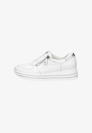 White leather athletic shoe with a rounded toe, lace-up front, side zipper, and metallic silver accents on the heel and collar. Thick white sole.