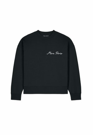 Schwarzer Sweatshirt mit Rundhalsausschnitt, langen Ärmeln und weißem Schriftzug "Mira Paris" auf der linken Brust.