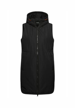 Black sleeveless vest with a hood, featuring a full-length zipper, two side pockets, and orange drawstring accents on the hood. Lightweight material.