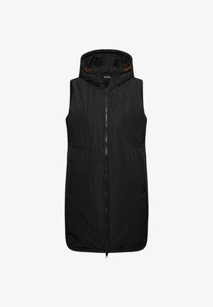 Gilet sans manches noir avec capuche, doté d'une fermeture éclair sur toute la longueur, de deux poches latérales et d'accents en cordon orange sur la capuche. Matériau léger.