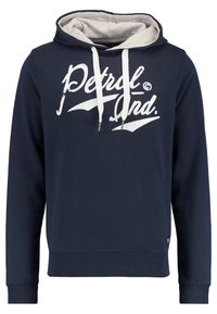 Sudadera con capucha de color azul marino, con cordones blancos y texto estilizado en blanco "Petrol Ind." en el pecho, que presenta un forro interior de capucha beige.