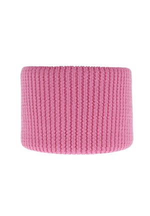 Roze gebreide haarband met een ribbelstructuur, met een brede, cilindervormige vorm en een gladde afwerking. Geen bijzondere patronen of versieringen.