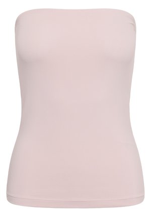 Šviesiai rožinė moteriška be petnešėlių siaurinta palaidinė su lygiu audiniu ir tiesia iškirpte.