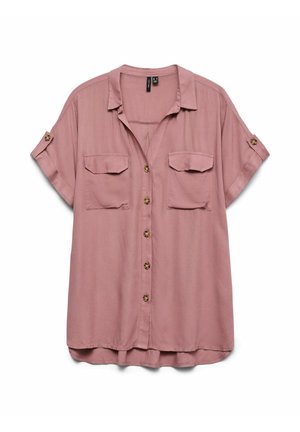 Lühikeste varrukatega mauve-näpuedasi särk, millel on krae, kaks rinna-taskut flapsidega ja nööbid varruka kinnihoidmiseks.