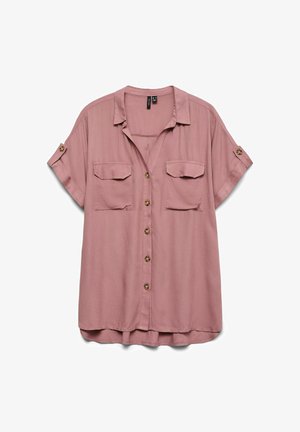 Lühikeste varrukatega mauve-näpuedasi särk, millel on krae, kaks rinna-taskut flapsidega ja nööbid varruka kinnihoidmiseks.