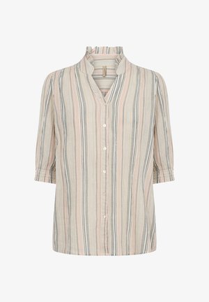 Kortarmig, button-up shirt met een gerimpelde kraag. Bevat verticale strepen in pastelkleuren van roze, beige en grijs. Gemêleerd stof.