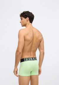 Muž s tmavými kudrnatými vlasy, otočený do strany, oblečený v světlých zelených boxerkách Calvin Klein s černým pasem, na jednoduchém světlém pozadí.