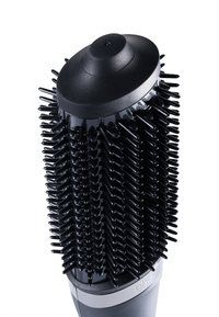 Zwarte cilindrische haarborstel met wijd verspreide haren en een afgeronde top, bevestigd aan een zwart en zilveren handvat.