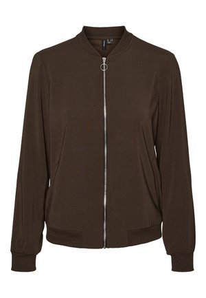 Ruda ilga rankovėmis bomberekės striukė su sidabriniu priekiu užtrauktuku, ribota apykakle, rankogaliais ir apačia.