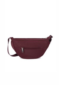 Marsupio bordeaux realizzato in tessuto resistente, con una forma curvata, scomparto principale con zip e una tasca frontale con hardware in argento.