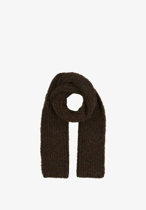 Hnedá pletená šála s rebrovanou textúrou, s navlečeným dizajnom. Teplý a mäkký materiál, vhodný na nosenie v chladnom počasí.