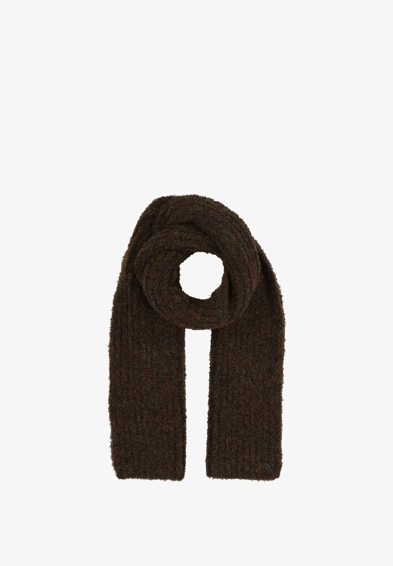 Eșarfă tricotată de culoare marron, cu o textură côtelată, având un design cu bucle. Material cald și moale, potrivit pentru vreme rece.