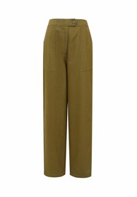 Olivově zelené kalhoty širokého střihu vyrobené z bavlny, s předními kapsami a zapínáním na knoflík v pase. Hladký povrch a přizpůsobený design.