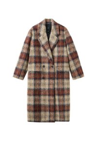 Abrigo cruzado de cuadros en tonos beige, marrón y azul, con una textura suave y peluda y solapas con muesca, con dos bolsillos delanteros.