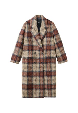 Abrigo cruzado de cuadros en tonos beige, marrón y azul, con una textura suave y peluda y solapas con muesca, con dos bolsillos delanteros.
