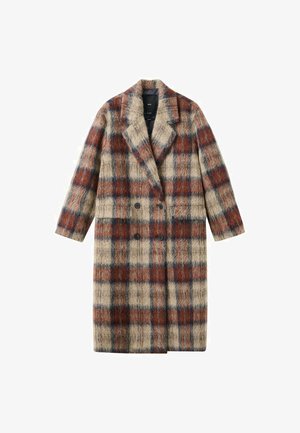 Dubbelrijige geruite jas in beige, bruin en blauwe tinten, met een zachte, pluizige textuur en reverkragen, voorzien van twee zakken aan de voorkant.