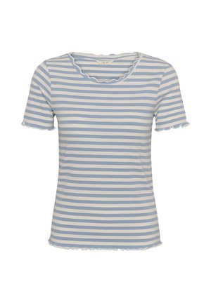 Striped short-sleeve top featuring light blue and white horizontal stripes, soft ribbed texture, and a scalloped neckline and sleeve edges.