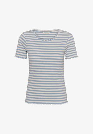 Top cu mâneci scurte în dungi, cu dungi orizontale albastre deschis și albe, textură moale nervurată și decolteu și margini ale mânecilor cu model ondulat.