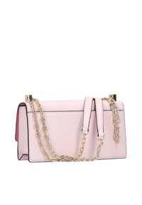 Smooth pink leather handbag with black accents, dual straps, and a gold chain. Rectangular shape with a magnetic closure at the top.