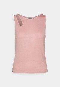 Top a righe rosa chiaro con scollatura a barca e un dettaglio di taglio unico sulla spalla sinistra. Tessuto morbido, design aderente.