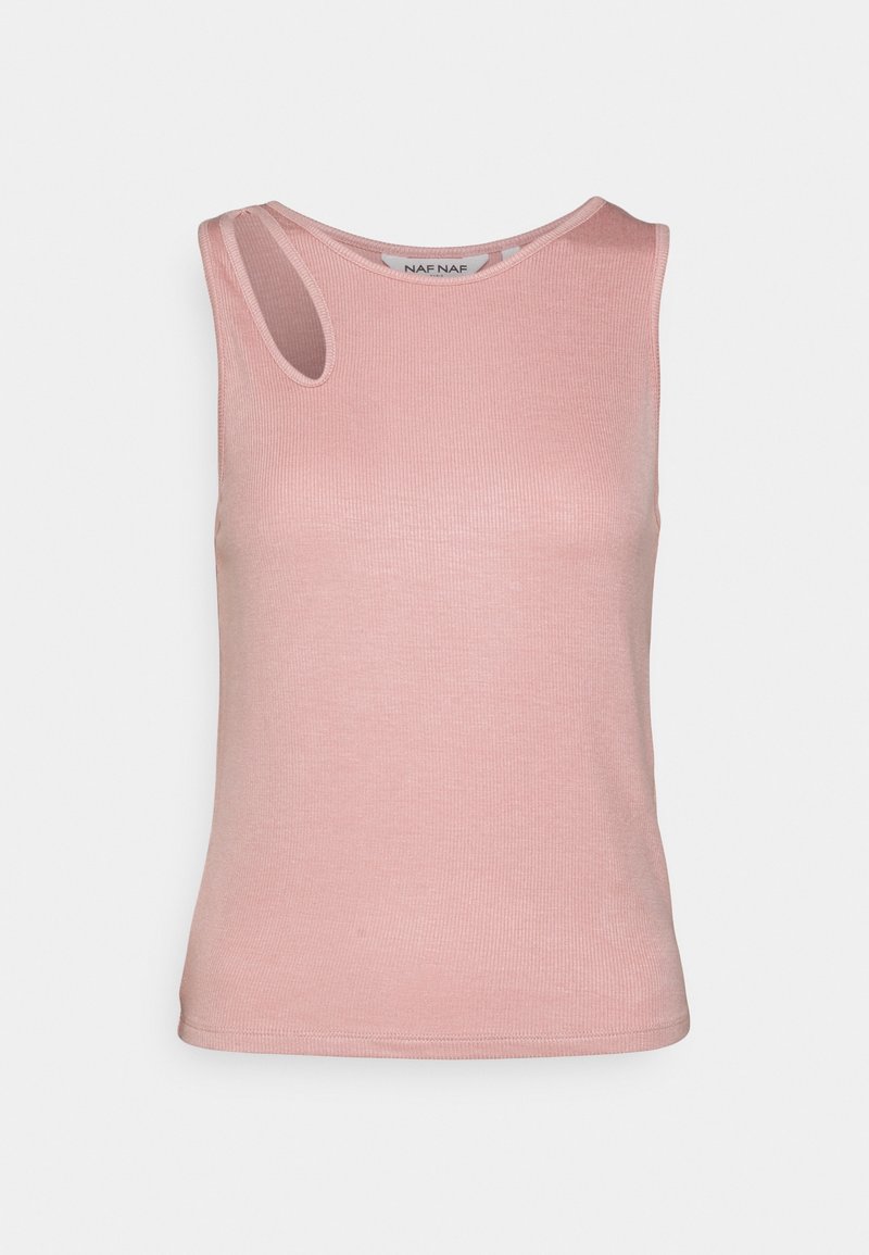 Top a righe rosa chiaro con scollatura a barca e un dettaglio di taglio unico sulla spalla sinistra. Tessuto morbido, design aderente.