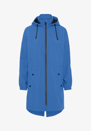 Giacca impermeabile blu con cappuccio, chiusura con zip e polsini elasticizzati. Presenta accenti neri e due tasche frontali con chiusura a scatto.