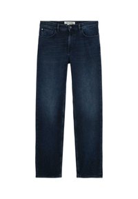 Jeans rectos de color azul oscuro con bolsillos delanteros y traseros, cierre de botón y cremallera, y una etiqueta de marca en la cinturilla.