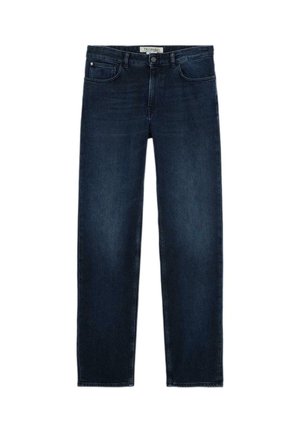 Ciemnoniebieskie jeansy o prostym kroju, z przednimi i tylnymi kieszeniami, zapięcie na guziki i zamek oraz metka z logo na pasku.