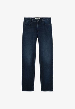 Dunkelblaue Jeans mit geradem Bein, mit Vorder- und Hintertaschen, Knopf- und Reißverschluss und einem Markenlabel am Bund.