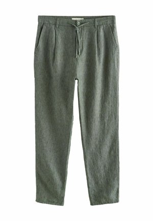 Graue Leinenhose für Herren mit Knopf- und Kordelverschluss, Gürtelschlaufen, Seitentaschen und geraden Beinen.
