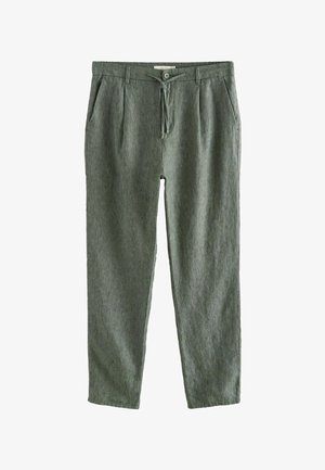 Grijze linnen herenbroek met knoop- en trekkoordsluiting, riemlussen, steekzakken en rechte pijpen.