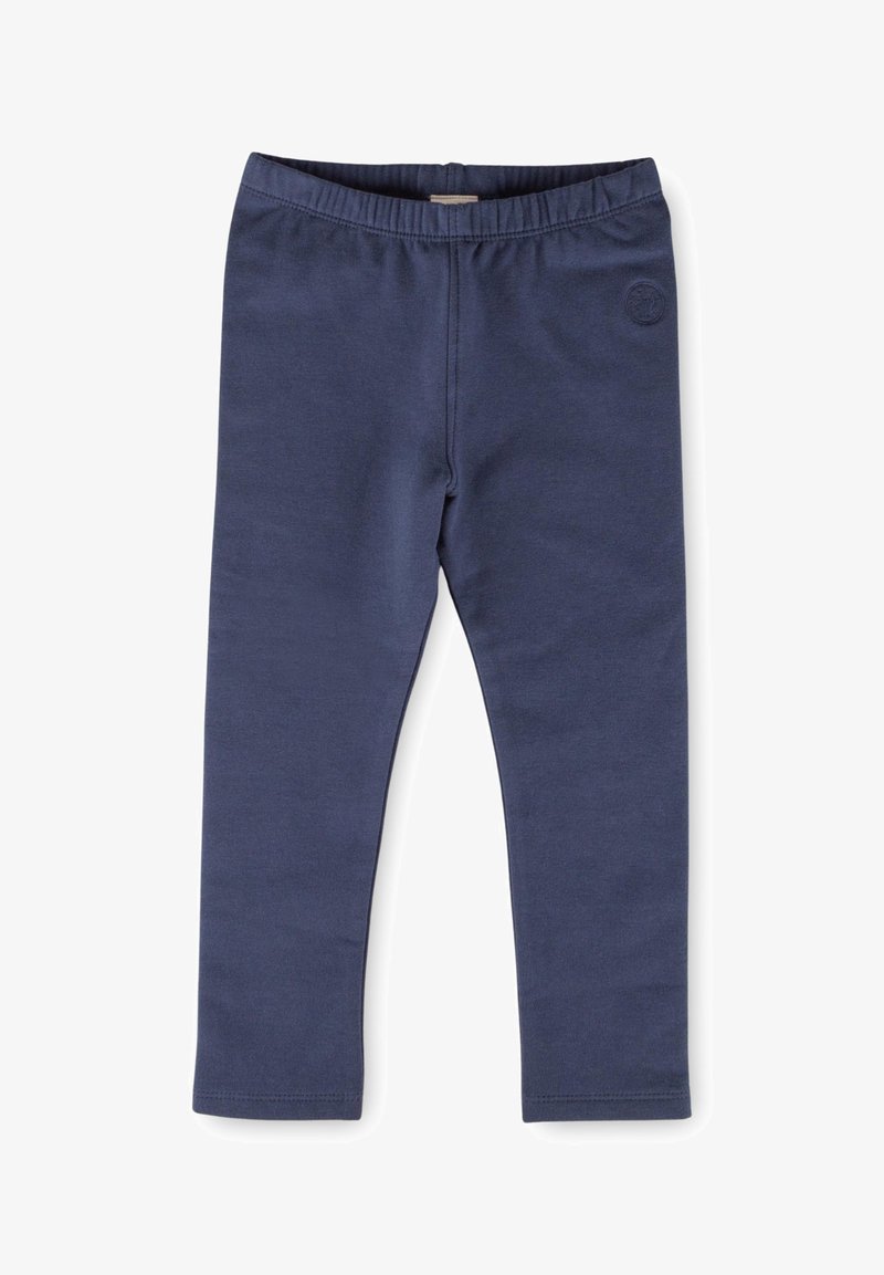 Marineblaue Leggings mit elastischem Bund, aus einem glatten, dehnbaren Stoff, mit einem kleinen geprägten Logo-Detail auf einer Seite.